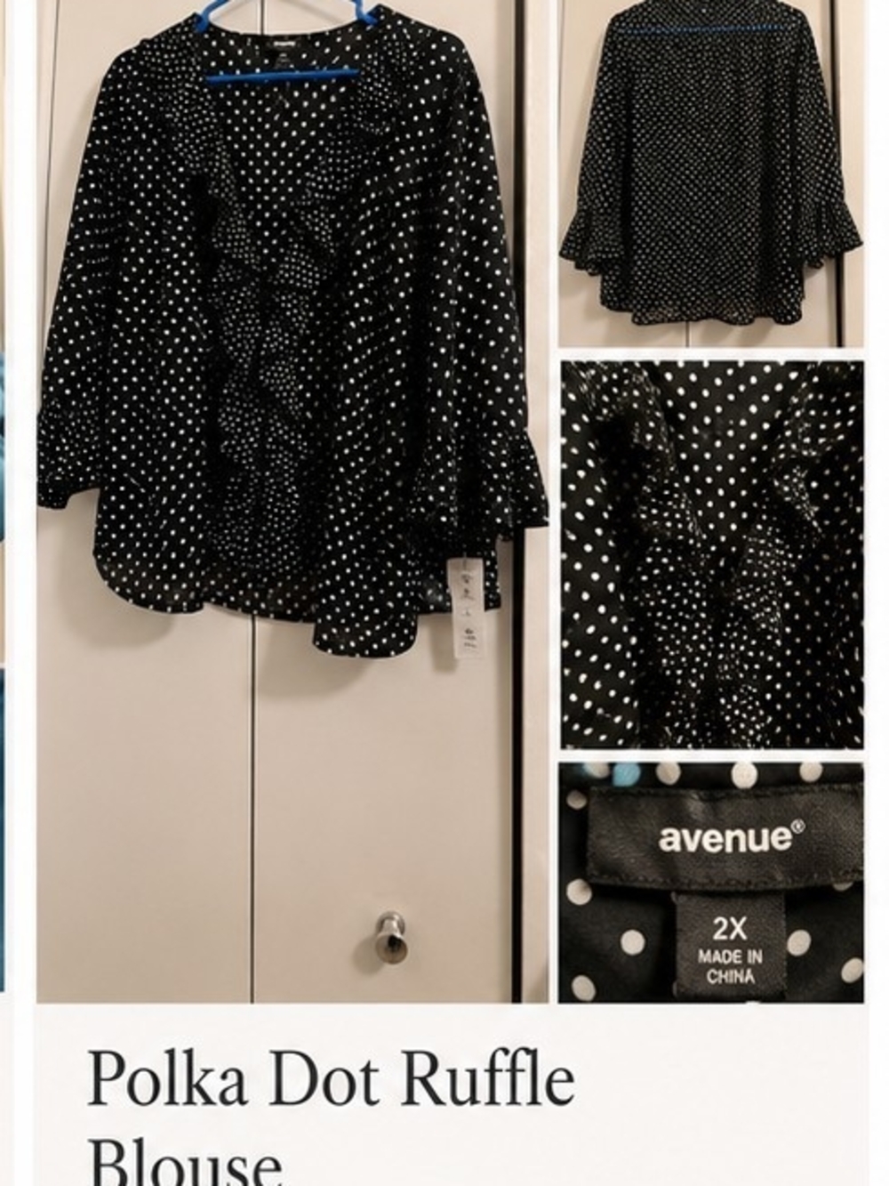Avenue Black & White Polka Dot Ruffle Blouse